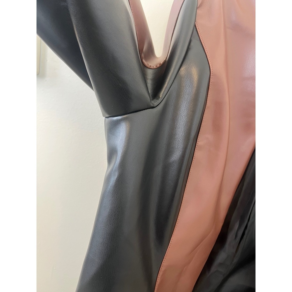 Plus Size Faux Leather Color Block Mid Length Zip Front Jacket 2XL - Picture 9 of 13